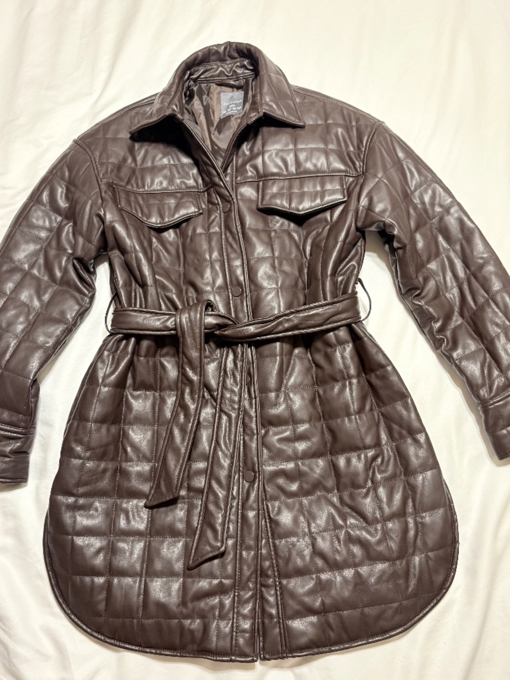 Primark Quilted Faux Leather Belted Long Jacket Brown 2XS